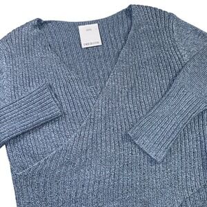 C/Meo Collective Blue Knit V Neck Wrap Front Long Sleeve Sweater Top Size Large